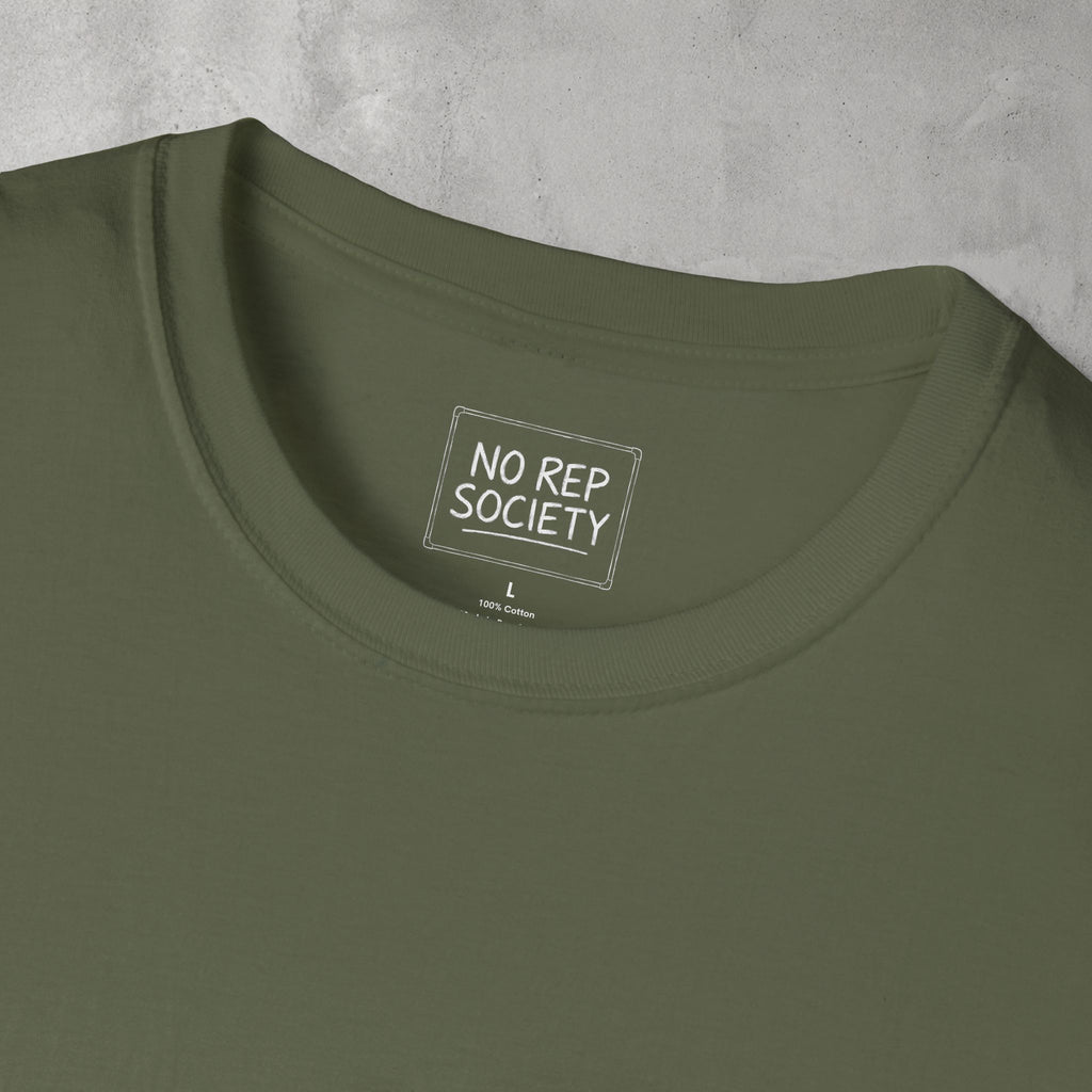 Close-up of the inner neck label of the Military Green Destroyer of WODs (MEN) Tee reading NO REP SOCIETY.