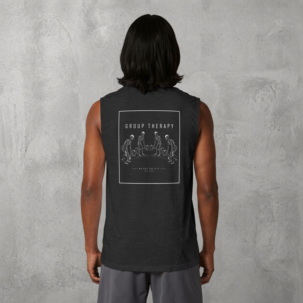 Dark Grey Heather Group Therapy Muscle Tank worn by a female model, back view showing the Group Therapy print.