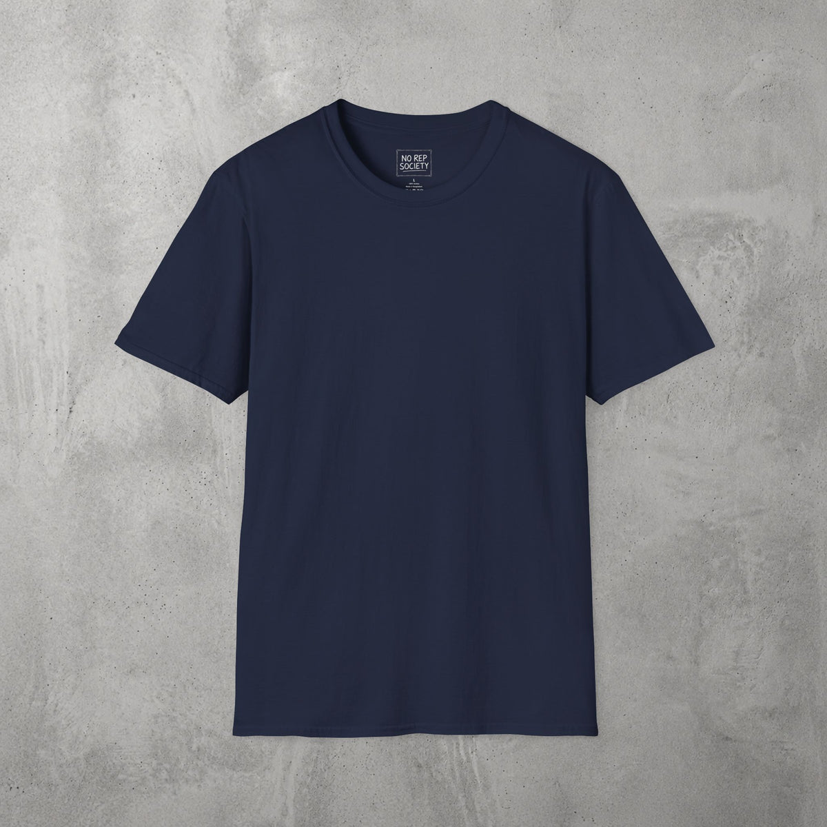 Navy Destroyer of WODs (MEN) Tee by The No Rep Society, plain front view with no print, flat lay on grey concrete.