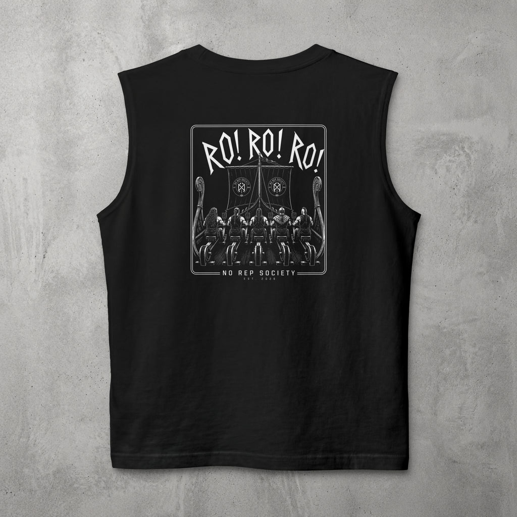 Black RO! RO! RO! Viking Muscle Tank by The No Rep Society, flat lay on grey concrete, back print of a Viking longship with rows of oarsmen under sail beneath RO! RO! RO! lettering.