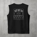 Black RO! RO! RO! Viking Muscle Tank by The No Rep Society, flat lay on grey concrete, back print of a Viking longship with rows of oarsmen under sail beneath RO! RO! RO! lettering.