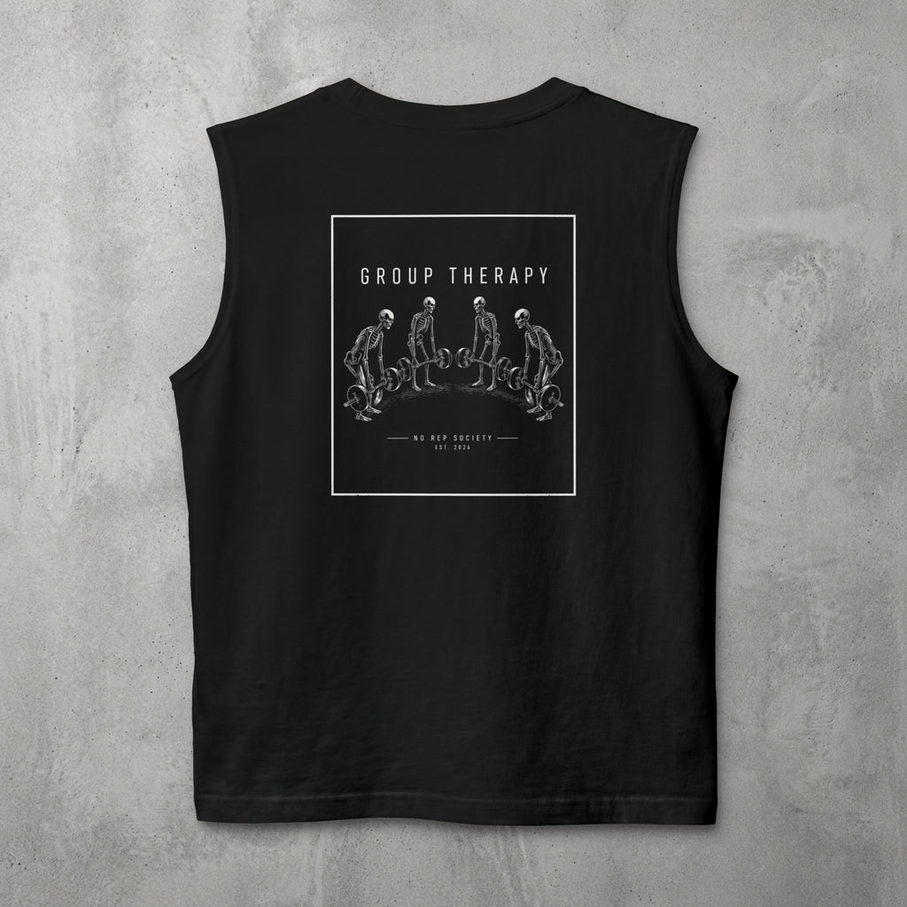 Black Group Therapy Muscle Tank by The No Rep Society, flat lay on grey concrete, back print of a circle of exhausted figures collapsed on the floor under GROUP THERAPY lettering.