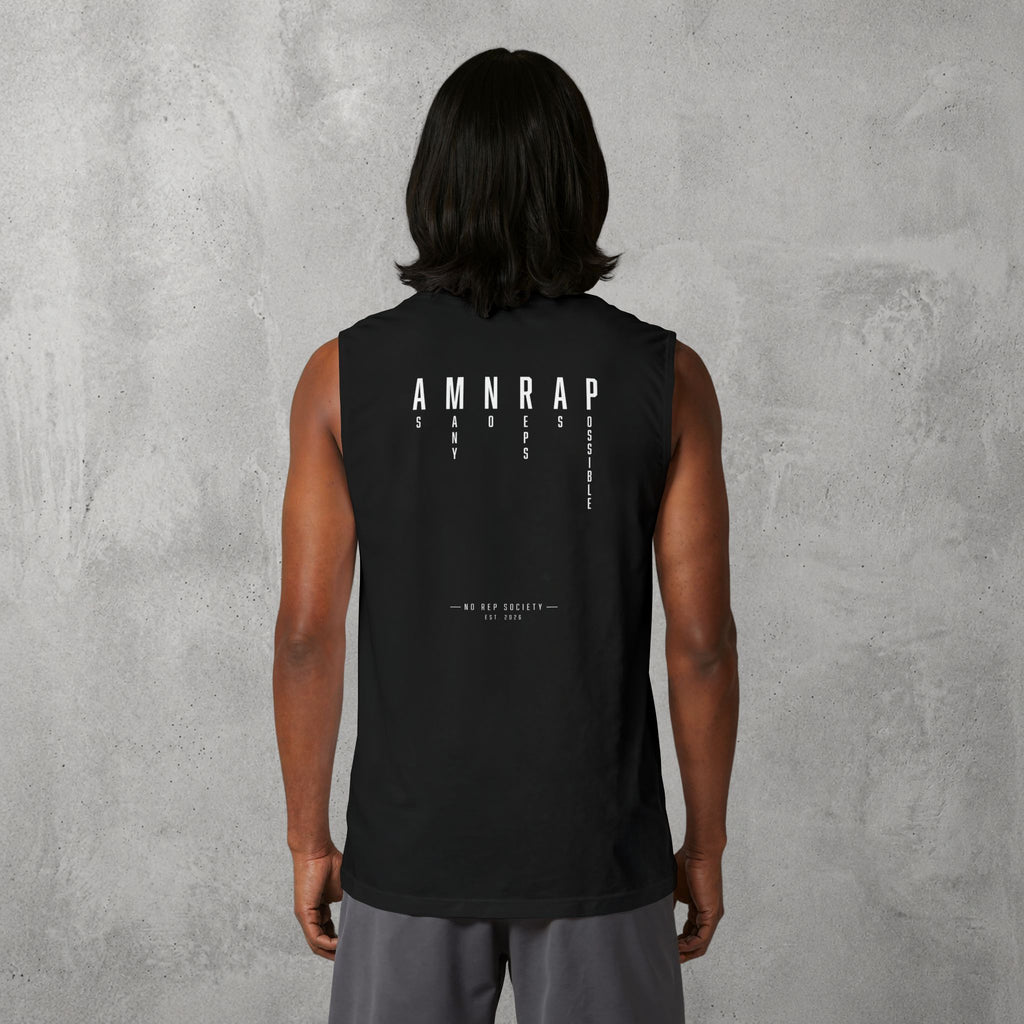 Black AMNRAP Muscle Tank worn by a female model, back view showing the AMNRAP print.