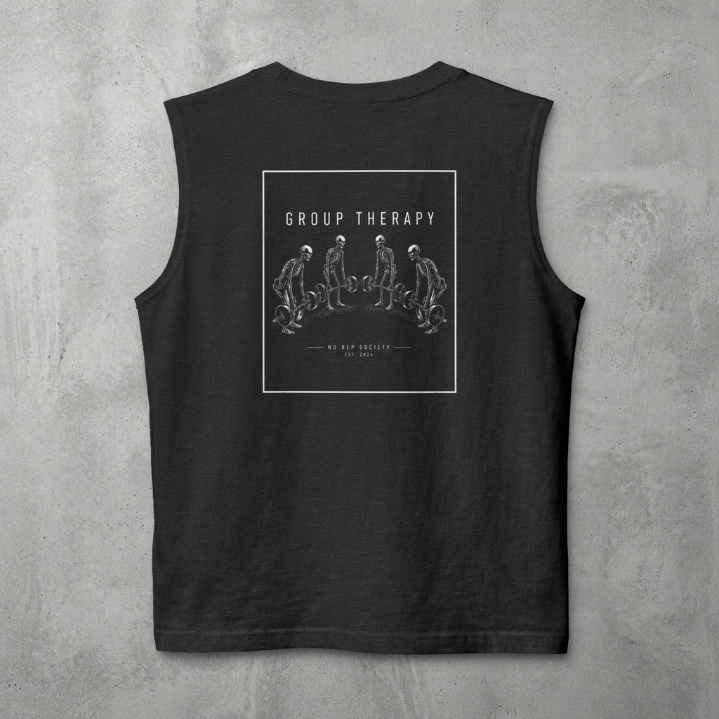 Dark Grey Heather Group Therapy Muscle Tank by The No Rep Society, flat lay on grey concrete, back print of a circle of exhausted figures collapsed on the floor under GROUP THERAPY lettering.
