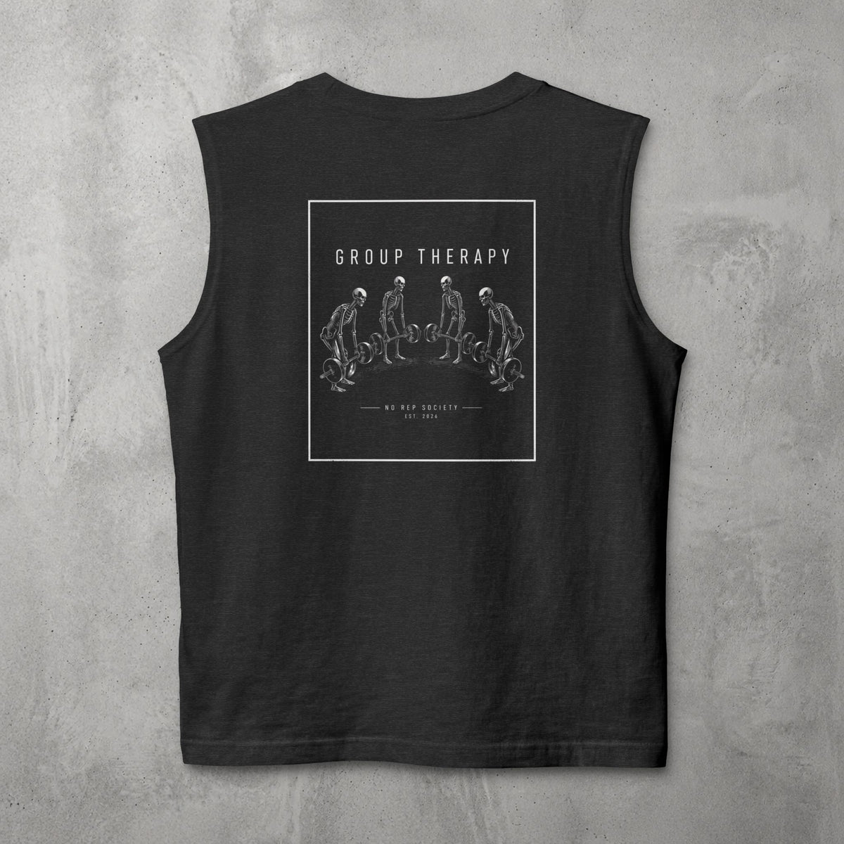 Dark Grey Heather Group Therapy Muscle Tank by The No Rep Society, flat lay on grey concrete, back print of a circle of exhausted figures collapsed on the floor under GROUP THERAPY lettering.