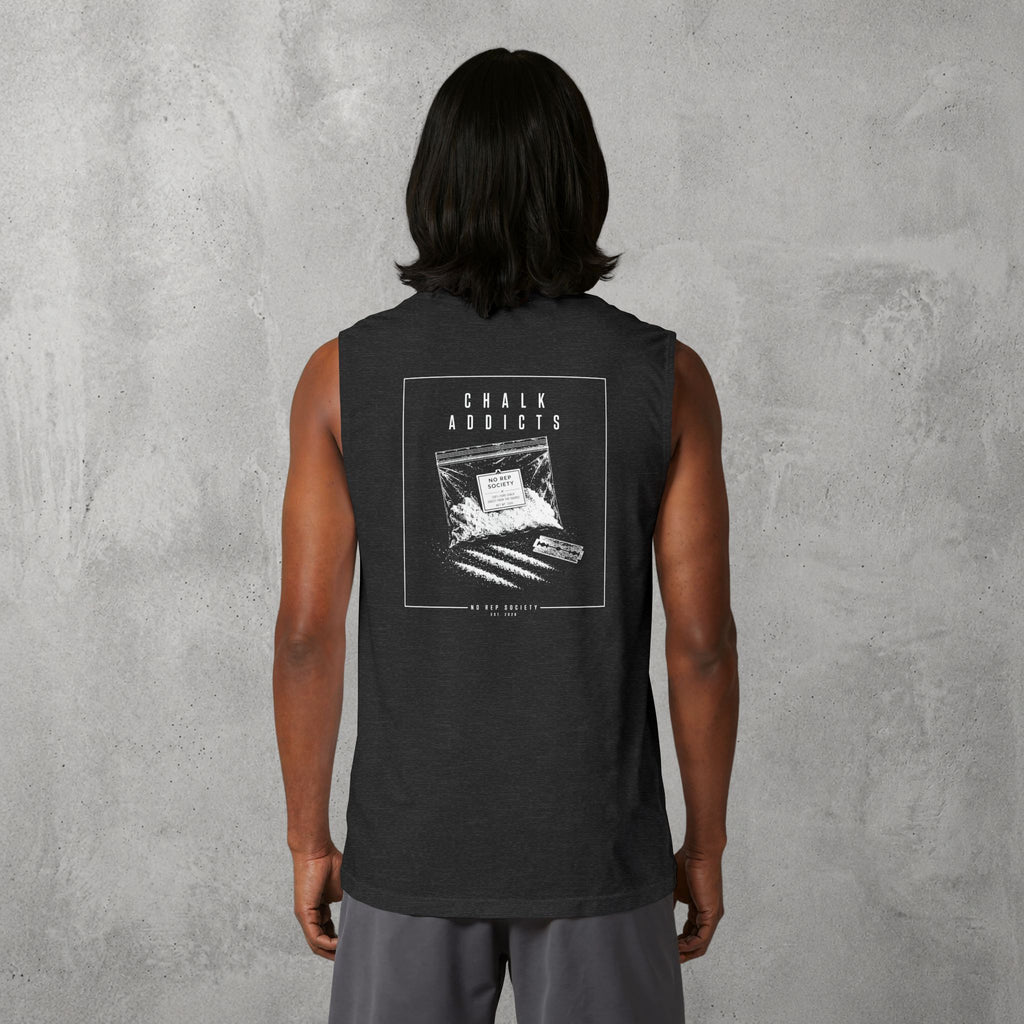 Dark Grey Heather Chalk Addicts Muscle Tank worn by a female model, back view showing the Chalk Addicts print.