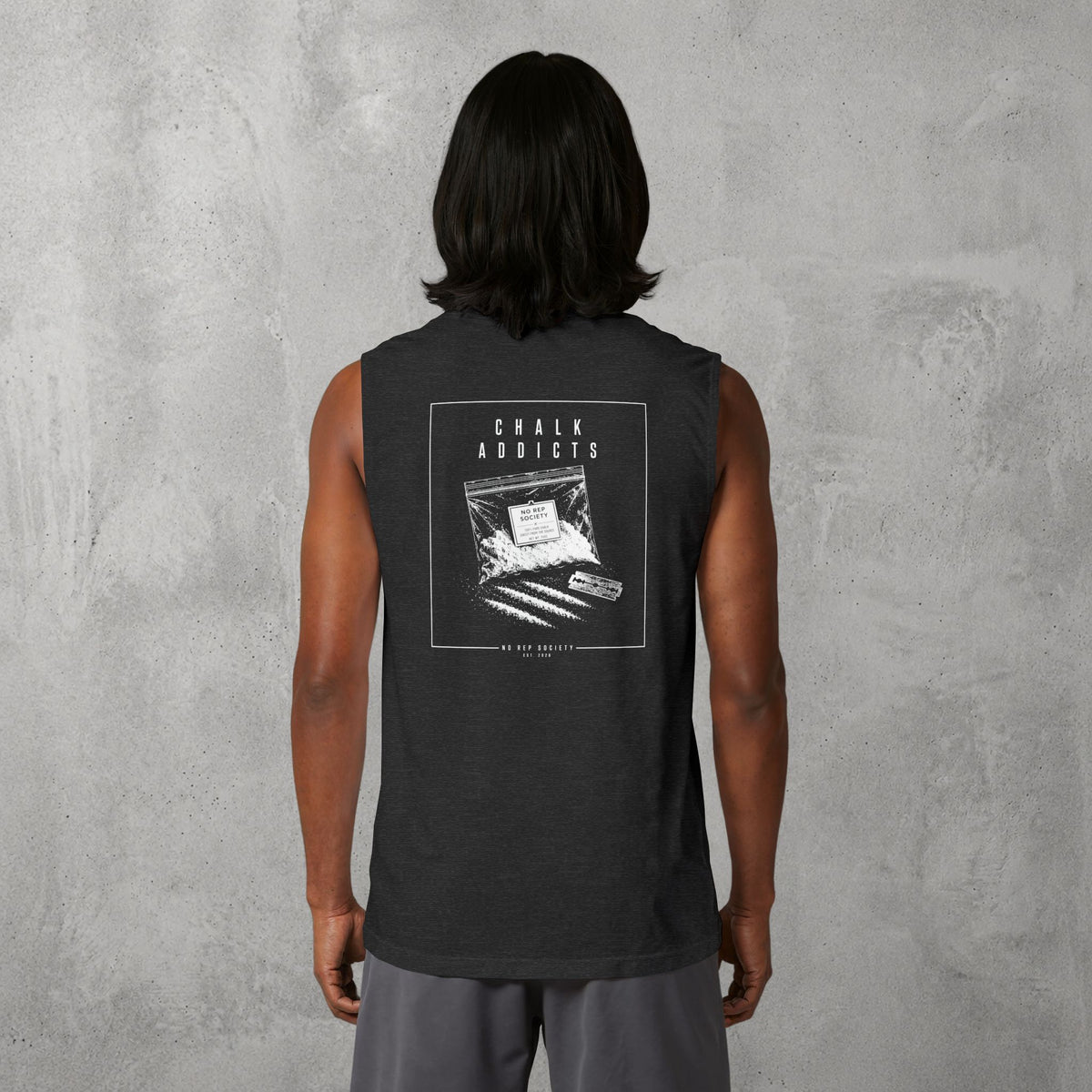 Dark Grey Heather Chalk Addicts Muscle Tank worn by a female model, back view showing the Chalk Addicts print.