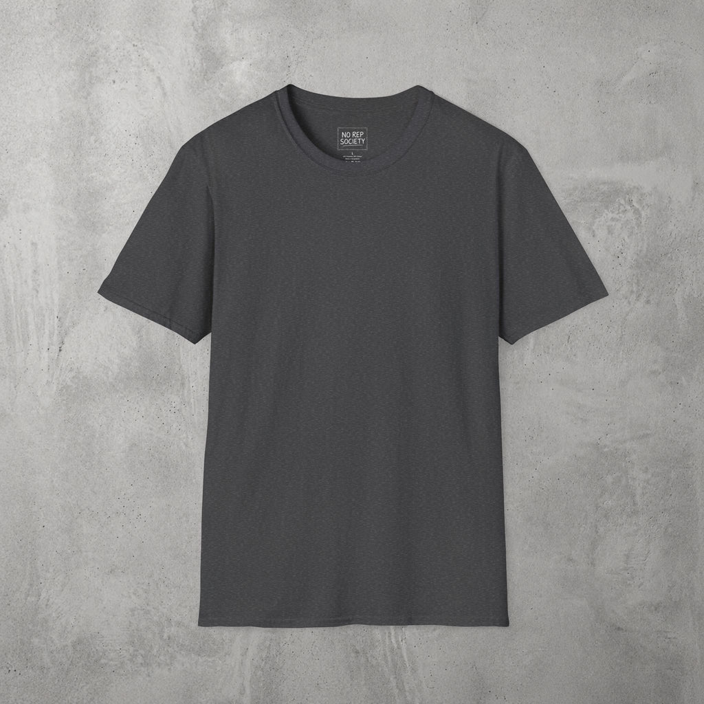 Dark Heather AMNRAP Tee by The No Rep Society, plain front view with no print, flat lay on grey concrete.