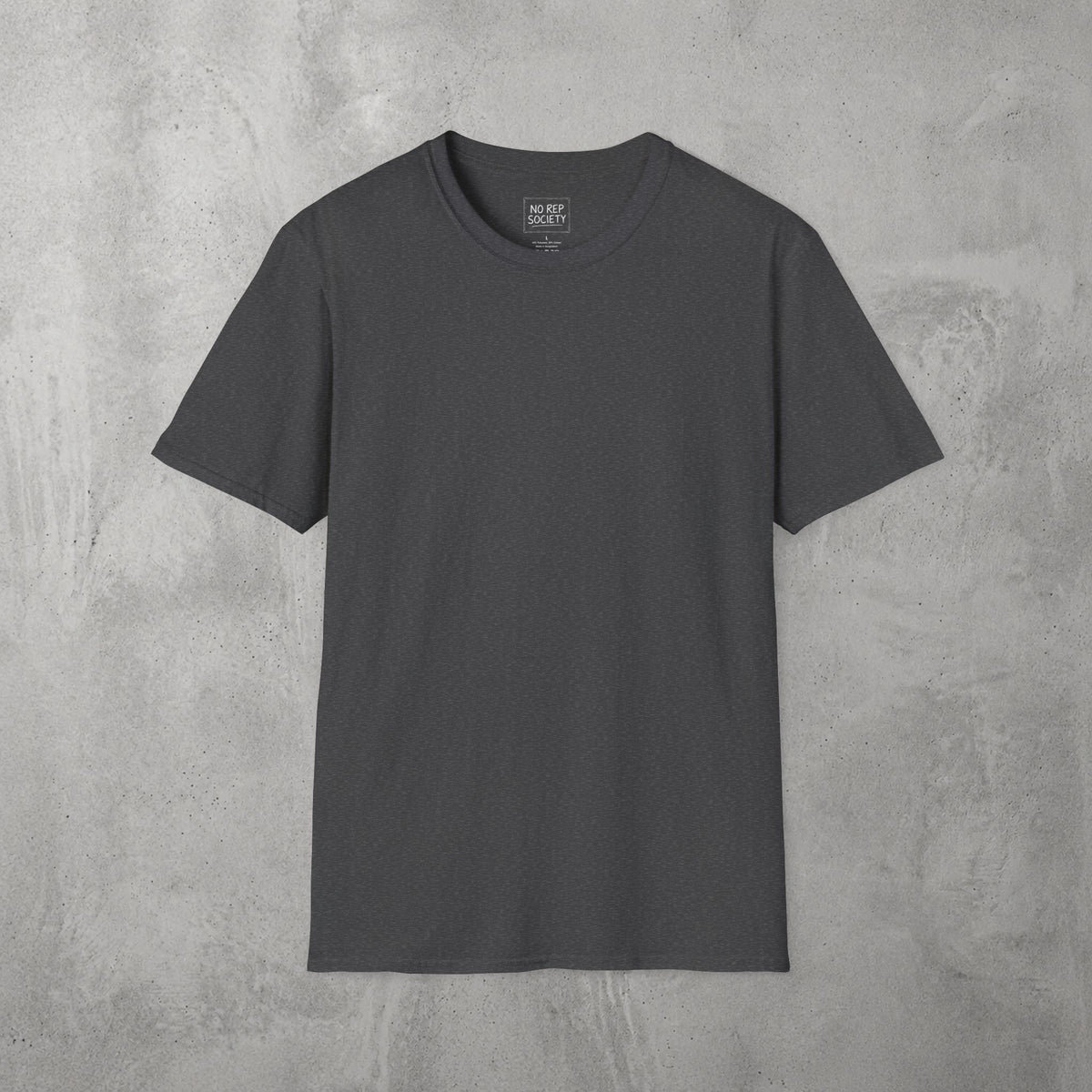 Dark Heather AMNRAP Tee by The No Rep Society, plain front view with no print, flat lay on grey concrete.