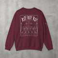 Maroon RO! RO! RO! Viking (WOMEN) Crewneck by The No Rep Society, flat lay on grey concrete, back print of a Viking longship with rows of oarsmen under sail beneath RO! RO! RO! lettering.