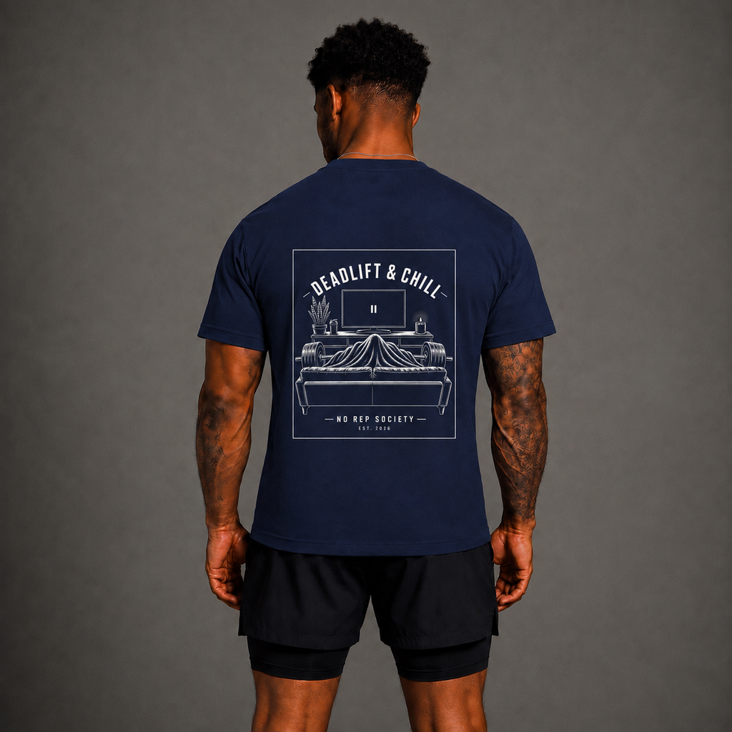 Navy Deadlift & Chill Tee by The No Rep Society, worn by a male model, back view showing the DEADLIFT & CHILL print.