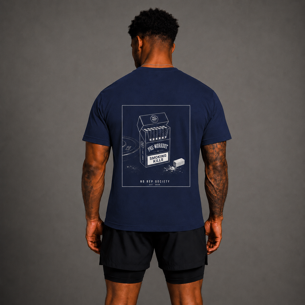 Navy Pre-Workout Tee by The No Rep Society, worn by a male model, back view showing the PRE-WORKOUT print.