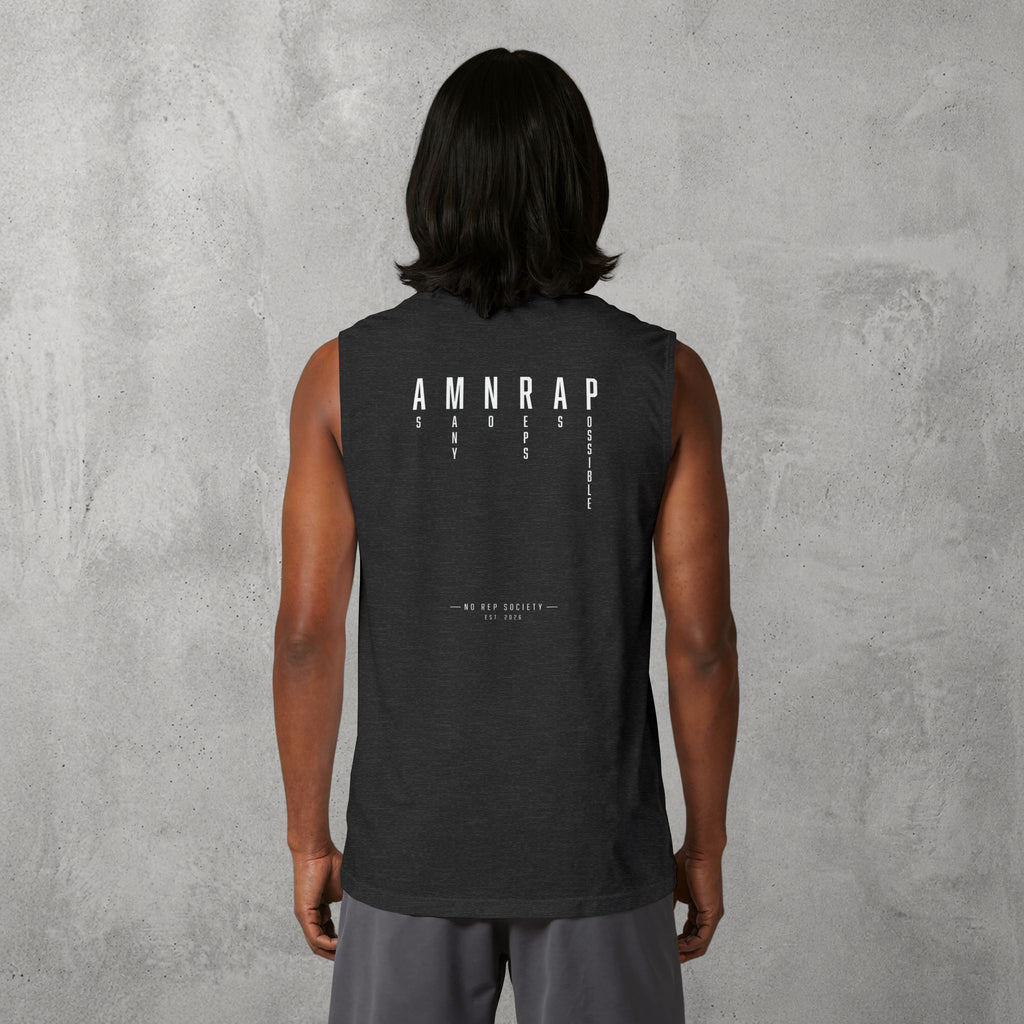 Dark Grey Heather AMNRAP Muscle Tank worn by a female model, back view showing the AMNRAP print.