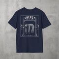 Navy Energy Saving Mode Tee by The No Rep Society, flat lay on grey concrete, back print of a sloth hanging from a loaded barbell in a squat rack under ENERGY SAVING MODE lettering.