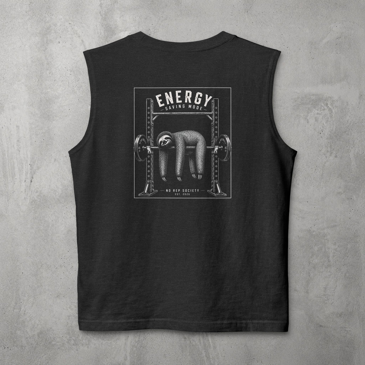 Dark Grey Heather Energy Saving Mode Muscle Tank by The No Rep Society, flat lay on grey concrete, back print of a sloth hanging from a loaded barbell in a squat rack under ENERGY SAVING MODE lettering.