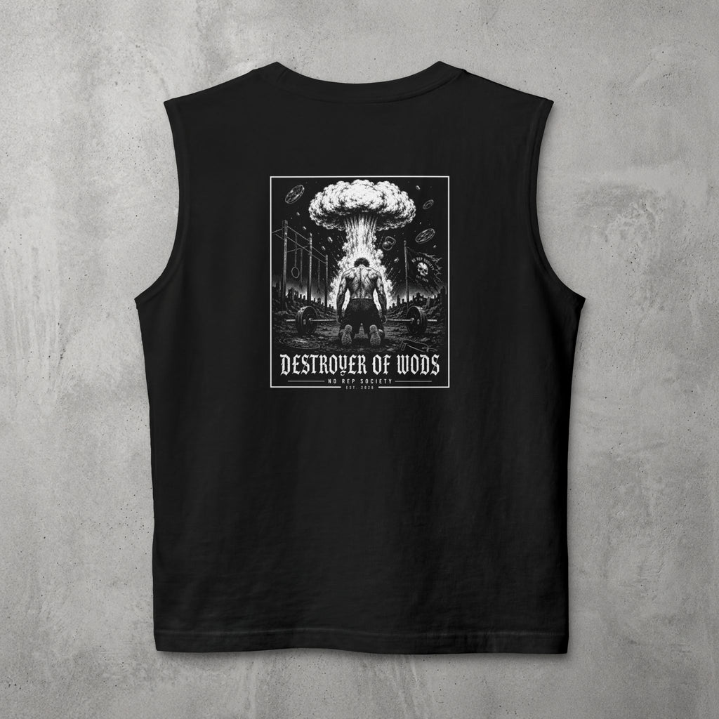 Black Destroyer of WODs (MEN) Muscle Tank by The No Rep Society, flat lay on grey concrete, back print of a mushroom cloud rising over a lone figure under a DESTROYER OF WODS banner.