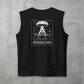 Black Destroyer of WODs (MEN) Muscle Tank by The No Rep Society, flat lay on grey concrete, back print of a mushroom cloud rising over a lone figure under a DESTROYER OF WODS banner.