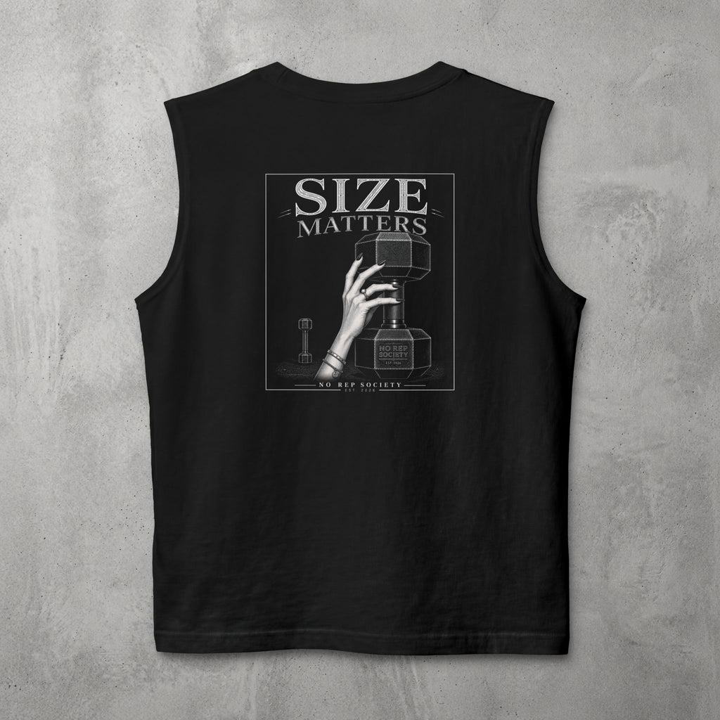 Black Size Matters Muscle Tank by The No Rep Society, flat lay on grey concrete, back print of a hand gripping a large weight plate under SIZE MATTERS lettering.