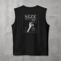 Black Size Matters Muscle Tank by The No Rep Society, flat lay on grey concrete, back print of a hand gripping a large weight plate under SIZE MATTERS lettering.