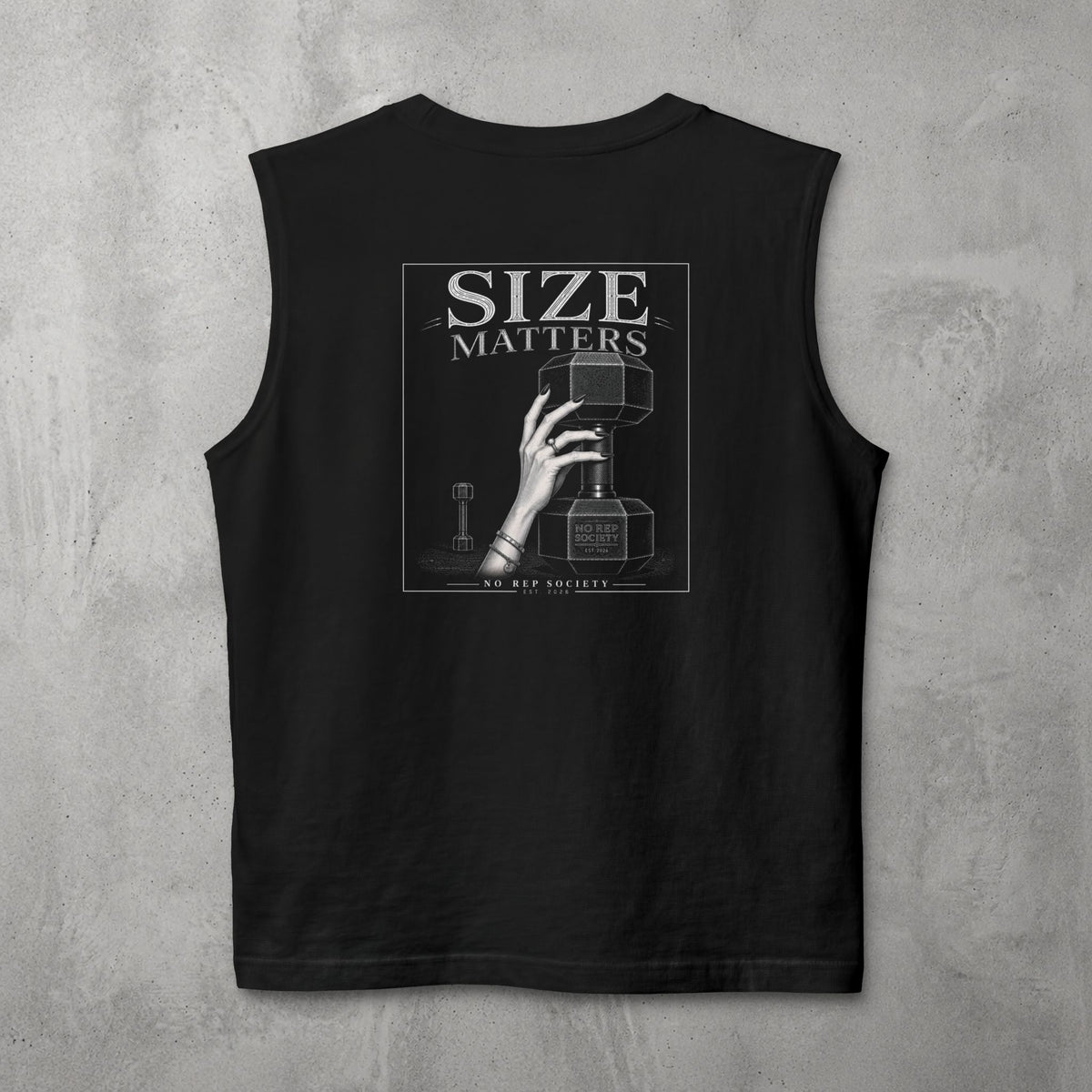 Black Size Matters Muscle Tank by The No Rep Society, flat lay on grey concrete, back print of a hand gripping a large weight plate under SIZE MATTERS lettering.