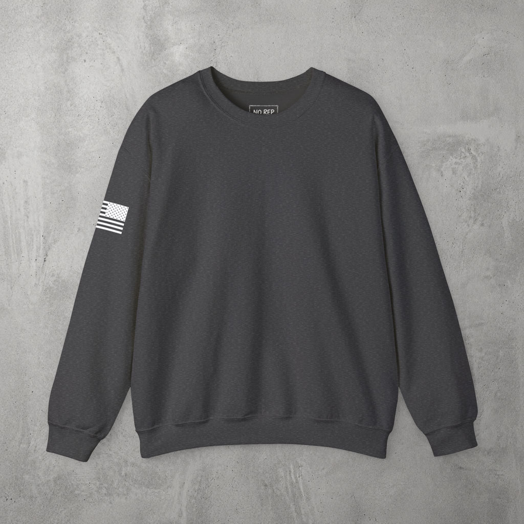 Dark Heather Chalk Addicts Crewneck by The No Rep Society, plain front view with no print, flat lay on grey concrete.