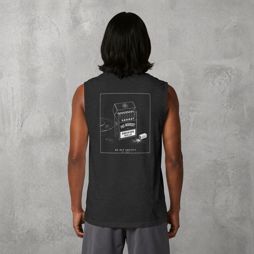 Dark Grey Heather Pre-Workout Muscle Tank worn by a female model, back view showing the Pre-Workout print.