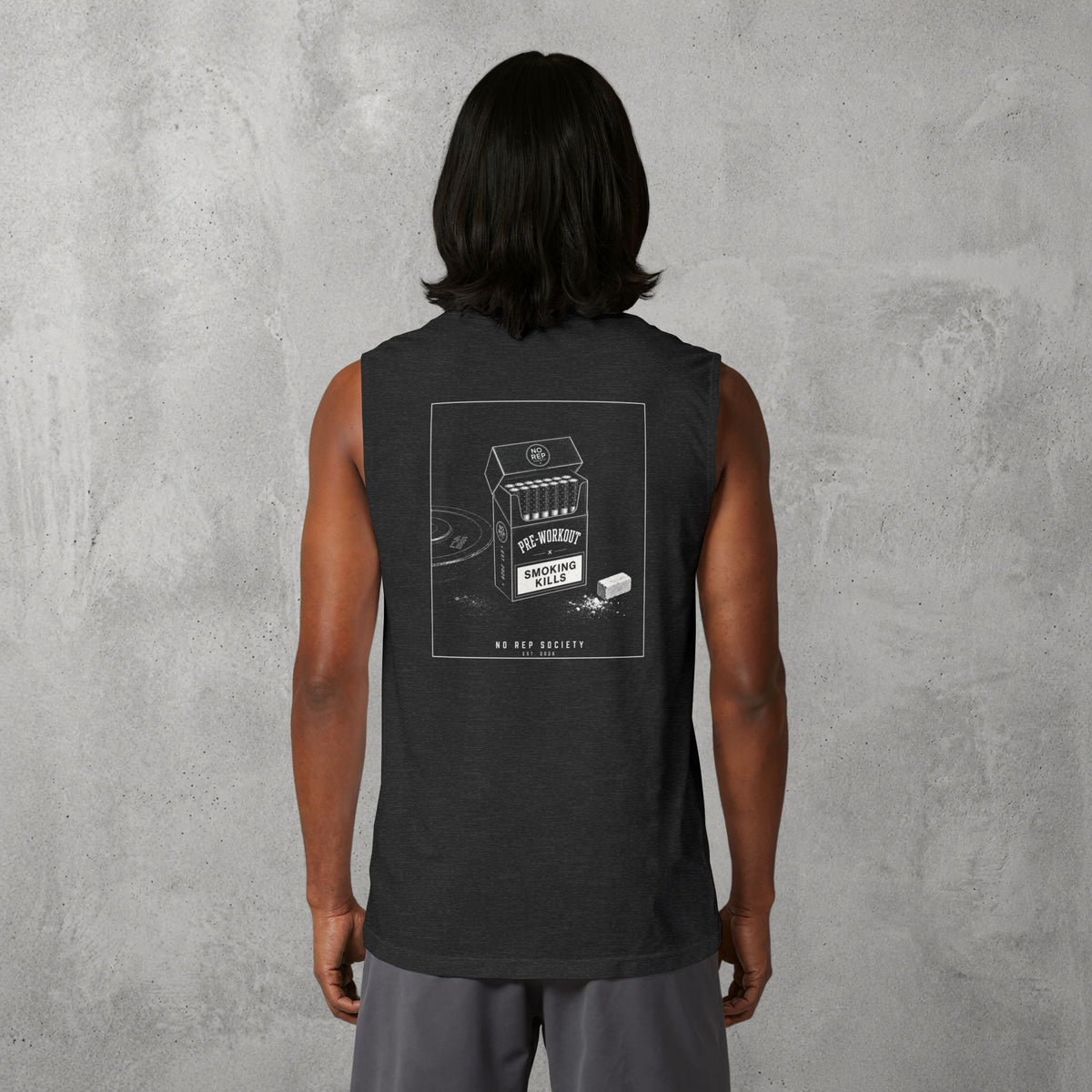 Dark Grey Heather Pre-Workout Muscle Tank worn by a female model, back view showing the Pre-Workout print.