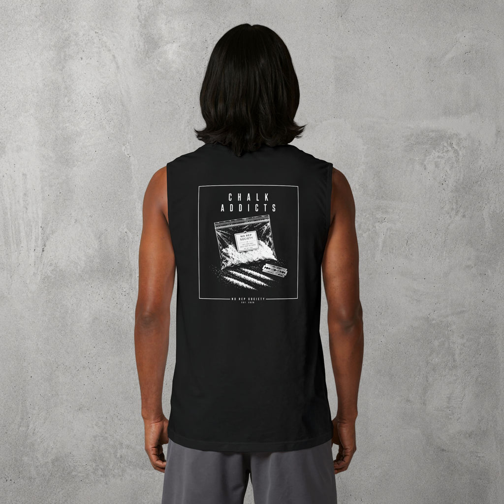 Black Chalk Addicts Muscle Tank worn by a female model, back view showing the Chalk Addicts print.