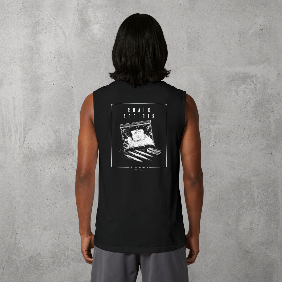 Black Chalk Addicts Muscle Tank worn by a female model, back view showing the Chalk Addicts print.