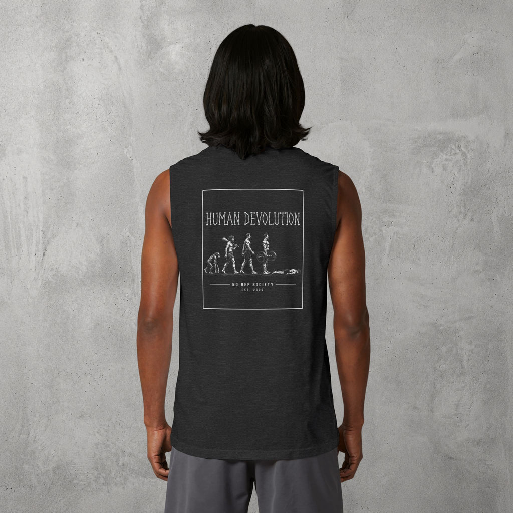 Dark Grey Heather Human Devolution (MEN) Muscle Tank worn by a female model, back view showing the Human Devolution print.