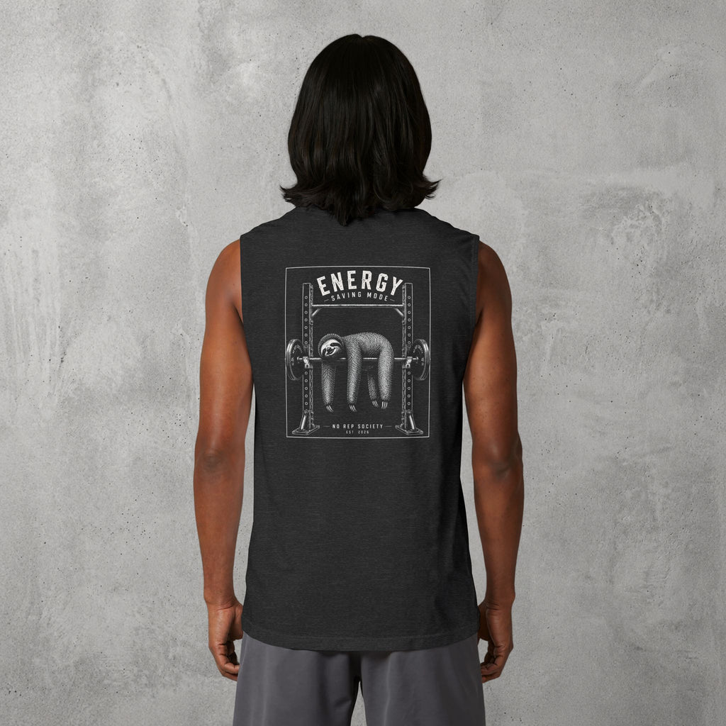 Dark Grey Heather Energy Saving Mode Muscle Tank worn by a female model, back view showing the Energy Saving Mode print.