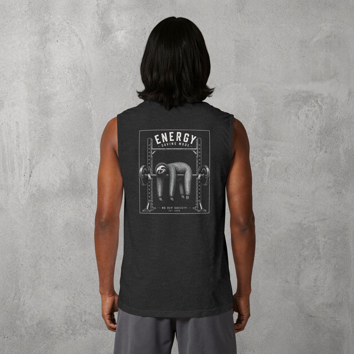 Dark Grey Heather Energy Saving Mode Muscle Tank worn by a female model, back view showing the Energy Saving Mode print.