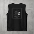 Black Good Times, Bad Places Muscle Tank by The No Rep Society, flat lay on grey concrete, back print of a rowing machine in fine line art between GOOD TIMES and BAD PLACES lettering.