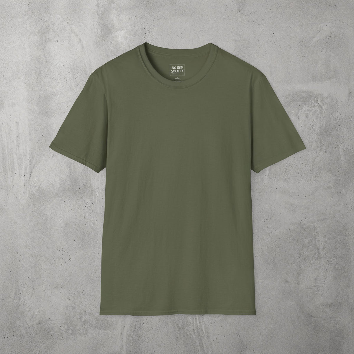 Military Green Destroyer of WODs (MEN) Tee by The No Rep Society, plain front view with no print, flat lay on grey concrete.