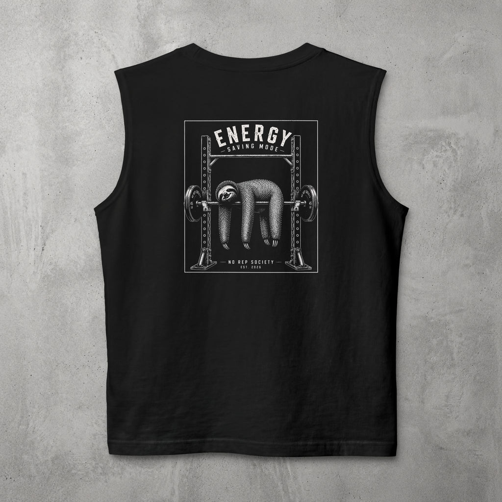 Black Energy Saving Mode Muscle Tank by The No Rep Society, flat lay on grey concrete, back print of a sloth hanging from a loaded barbell in a squat rack under ENERGY SAVING MODE lettering.