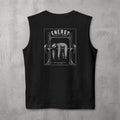 Black Energy Saving Mode Muscle Tank by The No Rep Society, flat lay on grey concrete, back print of a sloth hanging from a loaded barbell in a squat rack under ENERGY SAVING MODE lettering.