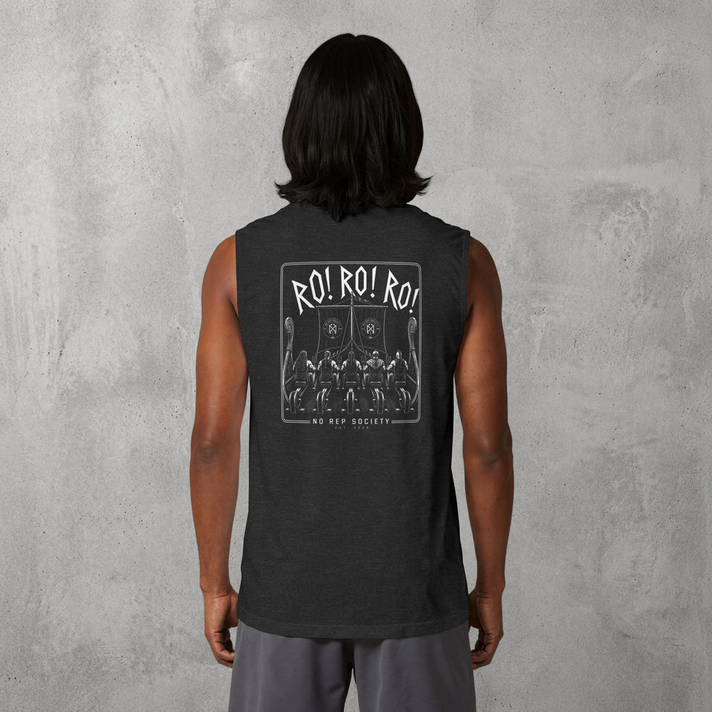 Dark Grey Heather RO! RO! RO! Viking Muscle Tank worn by a female model, back view showing the Viking longship print.