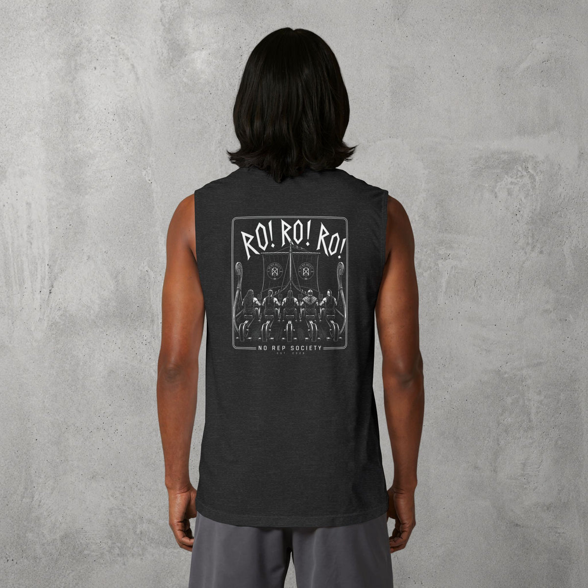 Dark Grey Heather RO! RO! RO! Viking Muscle Tank worn by a female model, back view showing the Viking longship print.