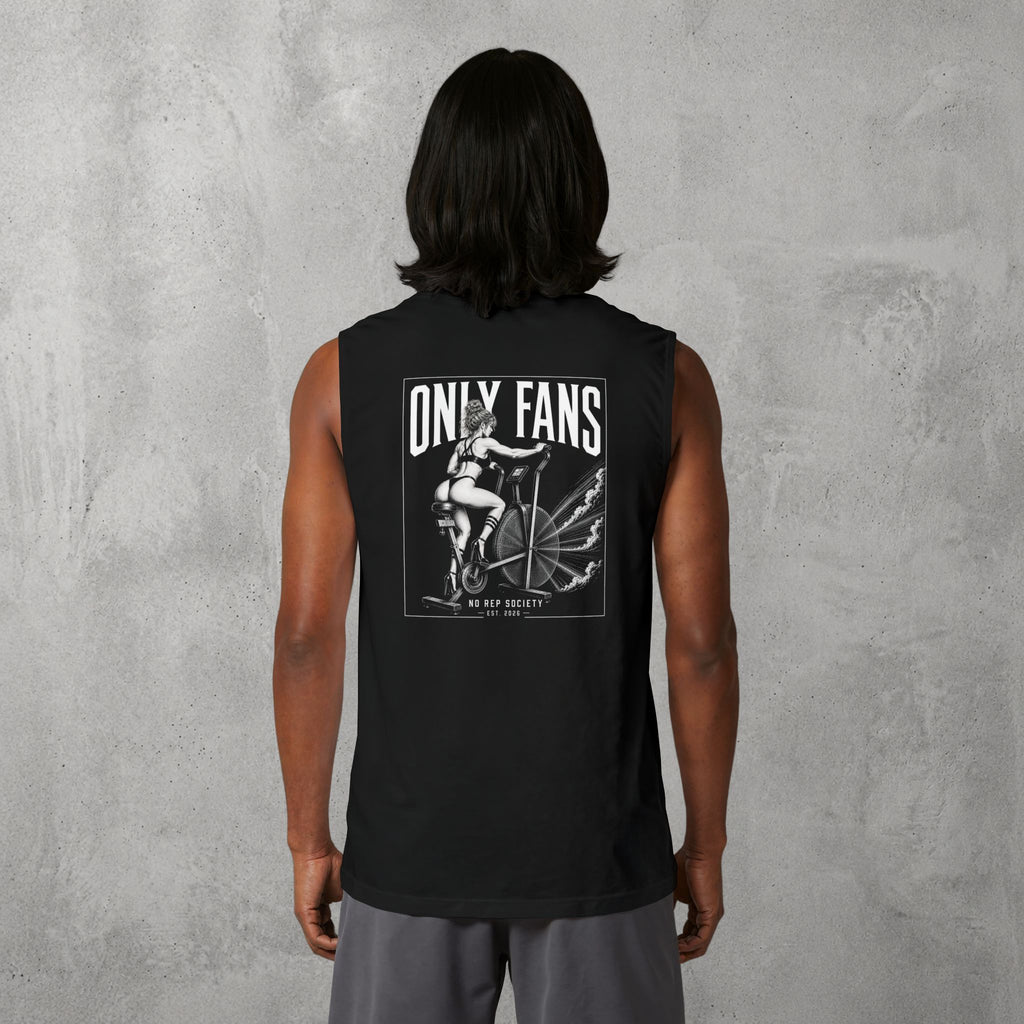 Black Only Fans Muscle Tank by The No Rep Society, worn by a male model, back view showing the ONLY FANS print.