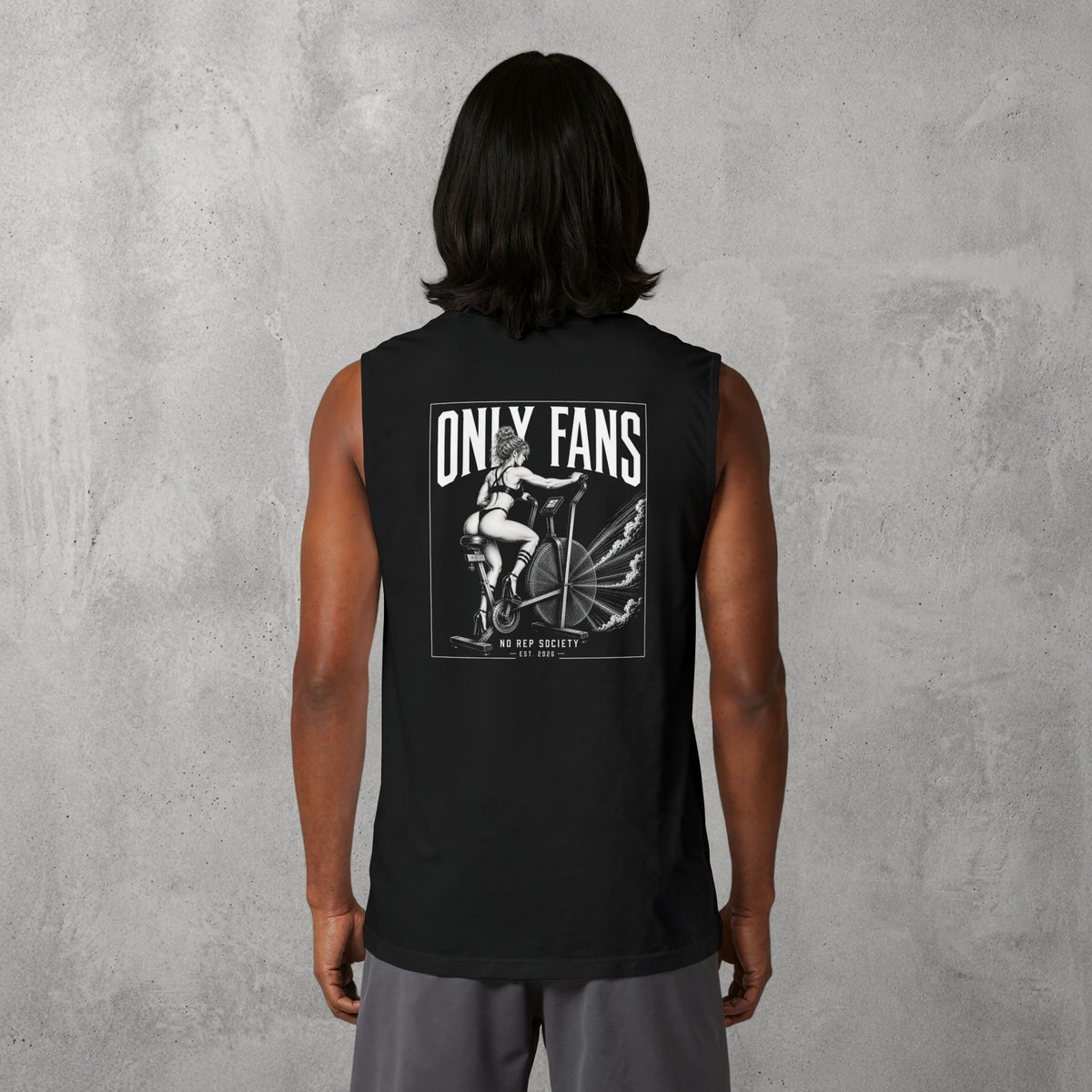 Black Only Fans Muscle Tank by The No Rep Society, worn by a male model, back view showing the ONLY FANS print.