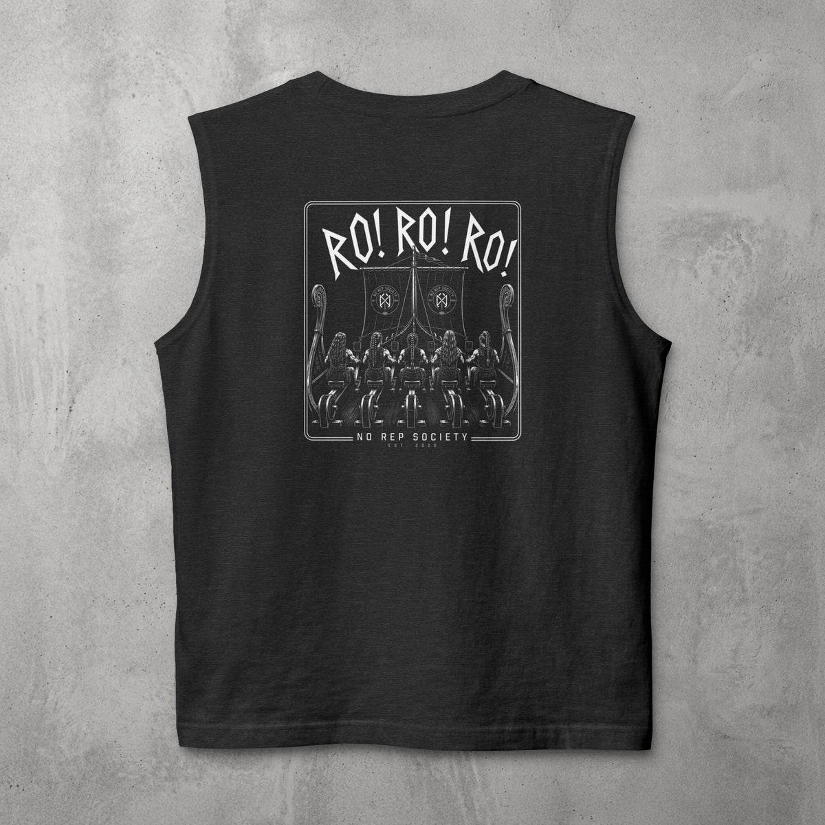 Dark Grey Heather RO! RO! RO! Viking (WOMEN) Muscle Tank by The No Rep Society, flat lay on grey concrete, back print of a Viking longship with rows of oarsmen under sail beneath RO! RO! RO! lettering.