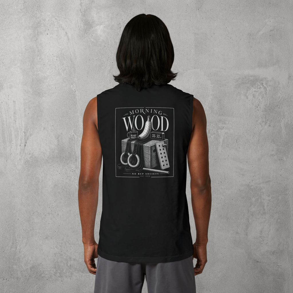 Black Morning Wood Muscle Tank worn by a female model, back view showing the Morning Wood print.