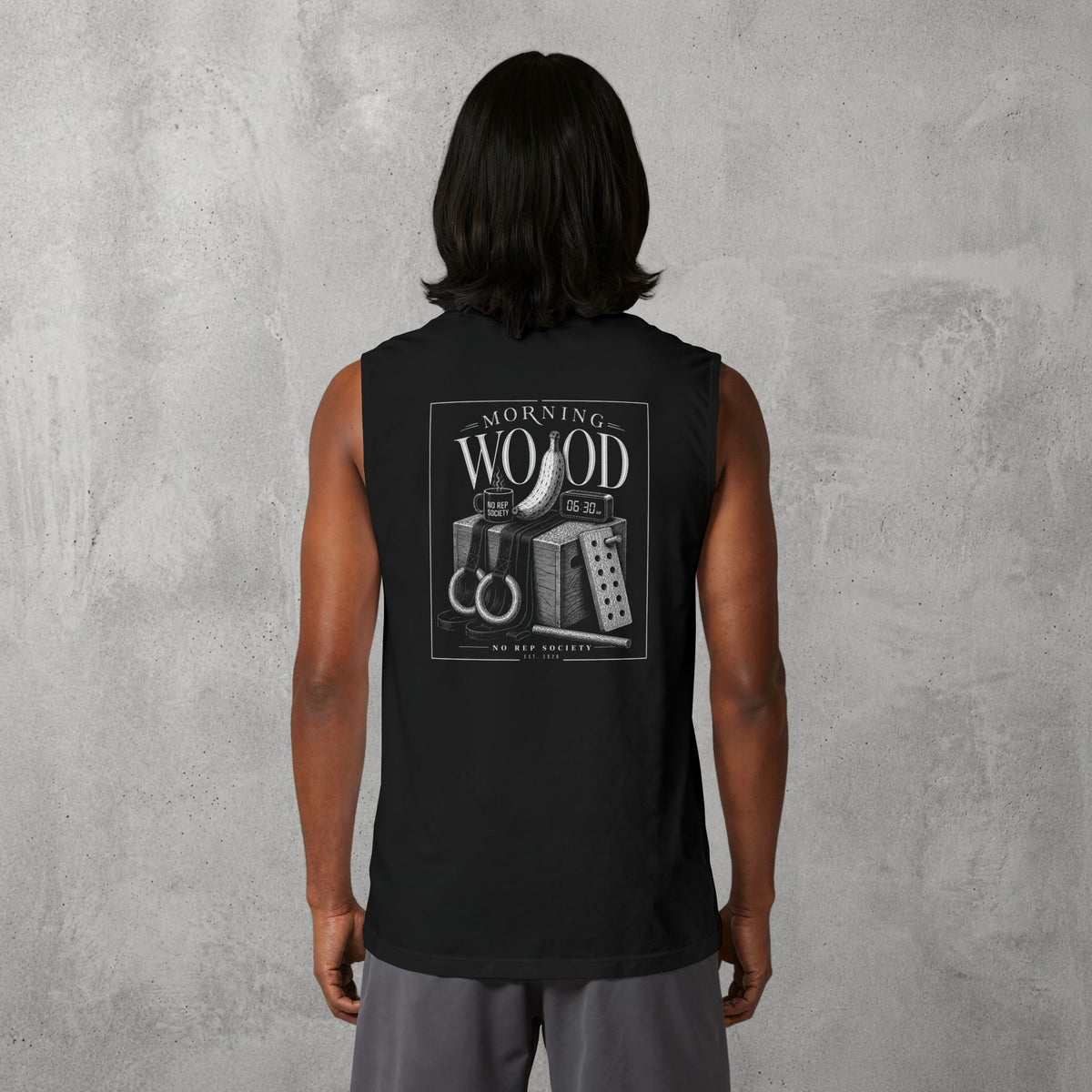 Black Morning Wood Muscle Tank worn by a female model, back view showing the Morning Wood print.