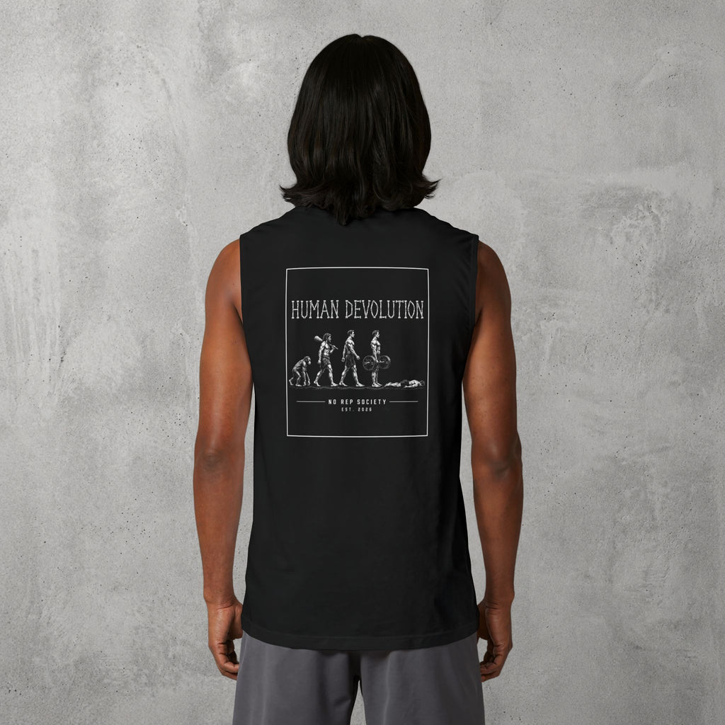 Black Human Devolution (MEN) Muscle Tank worn by a female model, back view showing the Human Devolution print.