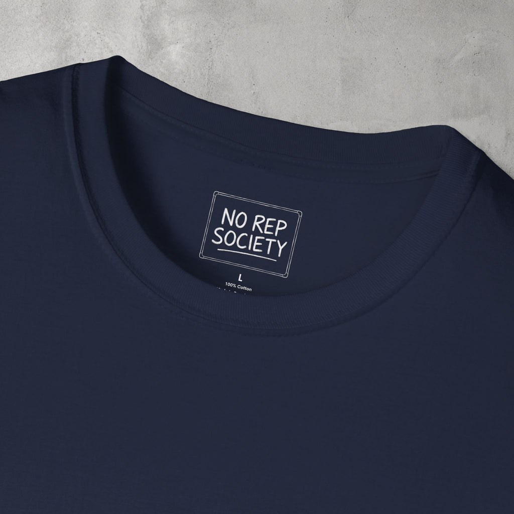 Close-up of the inner neck label of the Navy AMNRAP Tee reading NO REP SOCIETY.