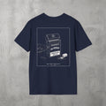 Navy Pre-Workout Tee by The No Rep Society, flat lay on grey concrete, back print of an open cigarette pack labelled PRE-WORKOUT with a SMOKING KILLS warning and a scoop spilling powder.