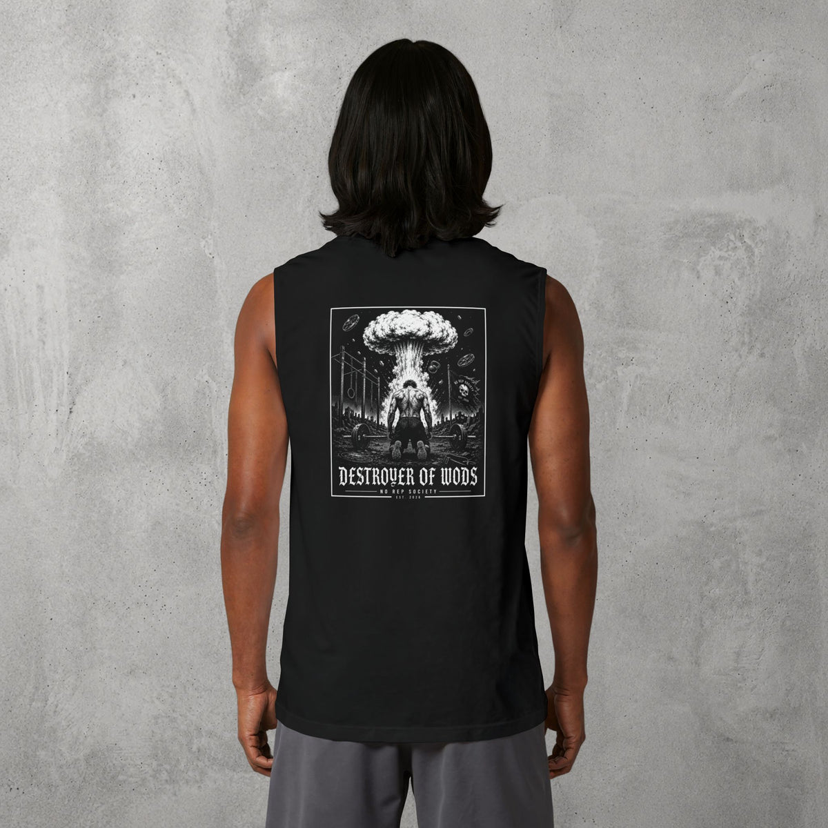 Black Destroyer of WODs (MEN) Muscle Tank worn by a female model, back view showing the Destroyer of WODs print.