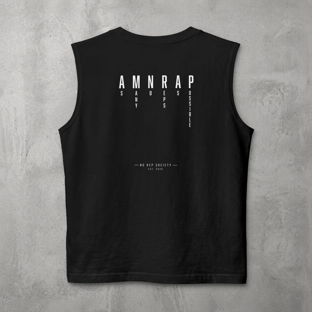 Black AMNRAP Muscle Tank by The No Rep Society, flat lay on grey concrete, back print of AMNRAP in wide spaced capitals with AS MANY NO-REPS AS POSSIBLE set vertically between the letters.
