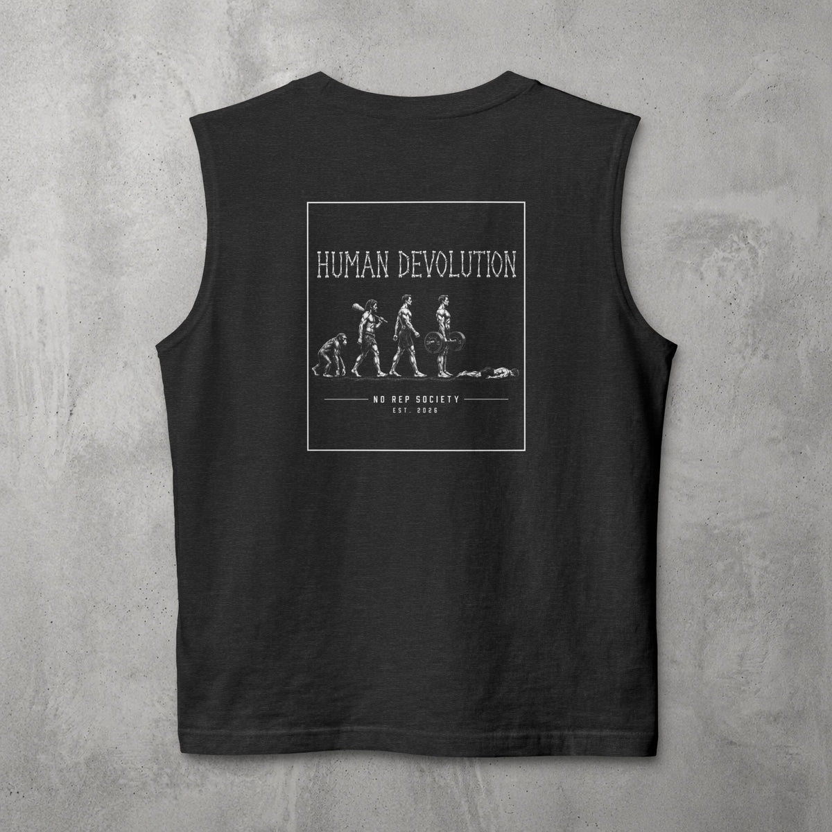 Dark Grey Heather Human Devolution (MEN) Muscle Tank by The No Rep Society, flat lay on grey concrete, back print of evolution-of-man silhouettes ending face-down on the floor under HUMAN DEVOLUTION lettering.