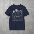 Navy RO! RO! RO! Viking Tee by The No Rep Society, flat lay on grey concrete, back print of a Viking longship with rows of oarsmen under sail beneath RO! RO! RO! lettering.